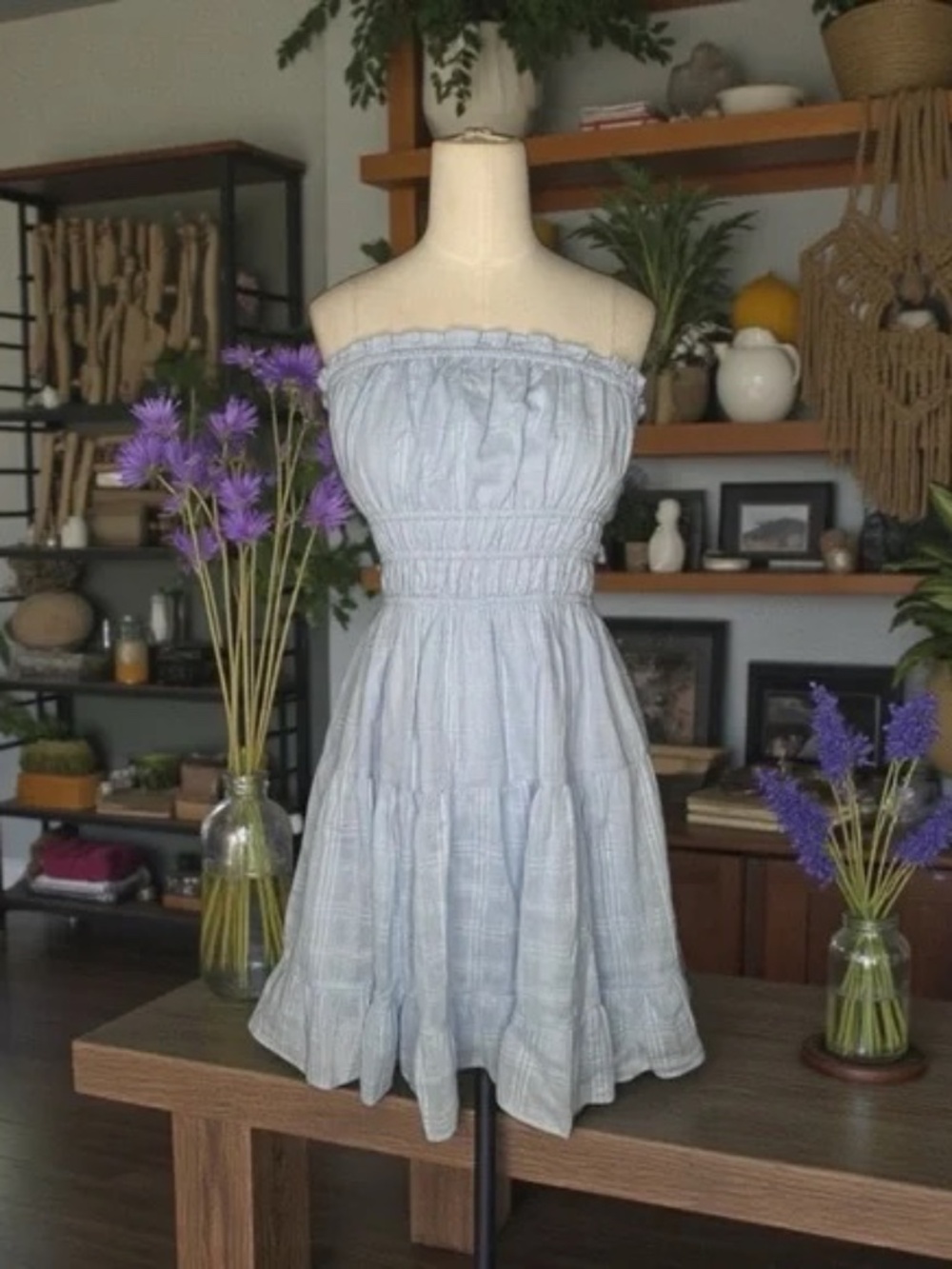 Thirty/Thirty LA Light Blue Strapless Smocked Mini Dress M – Ruffle Summer Boho